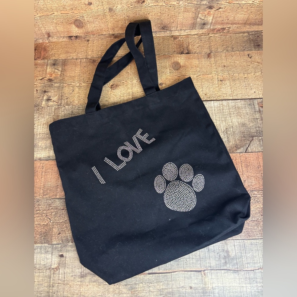 Black Canvas Tote Bag “I Love “Paw” Dogs Animals 13.5”x13.5” Embellished Gift